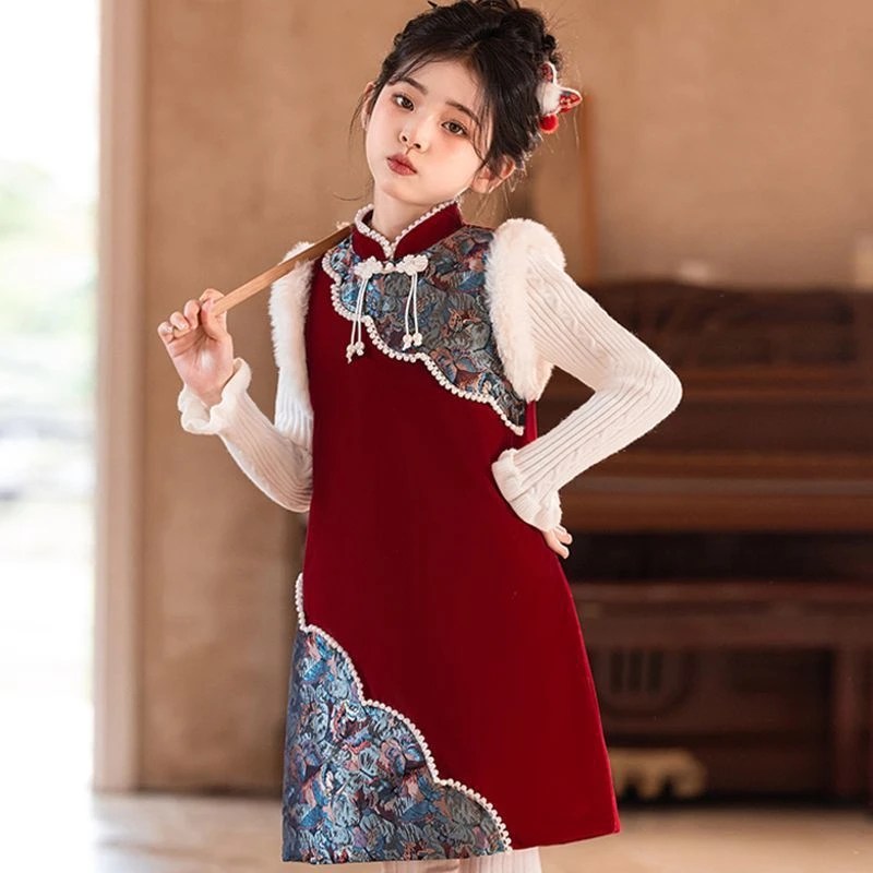 فستان بناتي شتوي جديد لعام 2025 من Hanfu Qipao فستان سترة حمراء + طقم سترة ملابس السنة الصينية الجديدة للأطفال فستان حفلات الزفاف المسائية