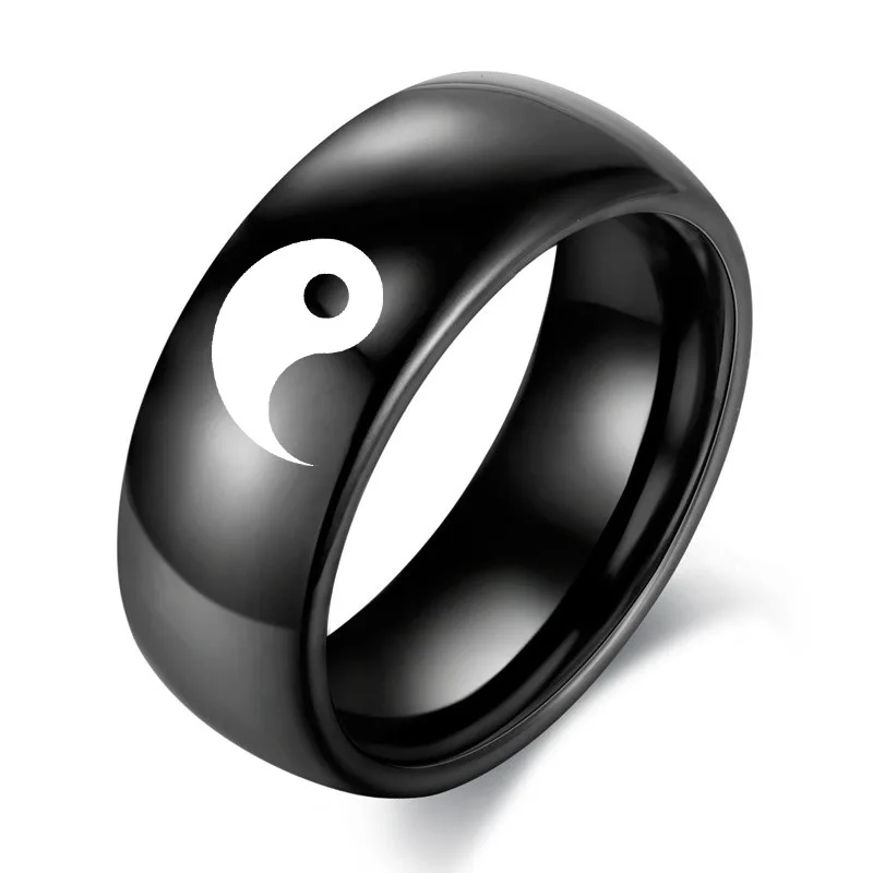 Fashion Chinese Style Black White Color Yin Yang Tai Chi Men Women Statement Couple Stainless Steel Ring