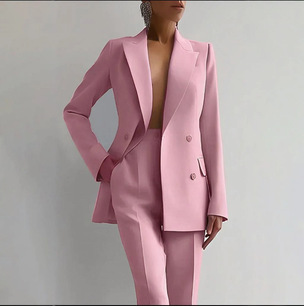 

Office Women's 2 Piece Suit Double-Breasted Blazer Business Casual Daily Work Outfits Elegant Pantsuit Set Customize