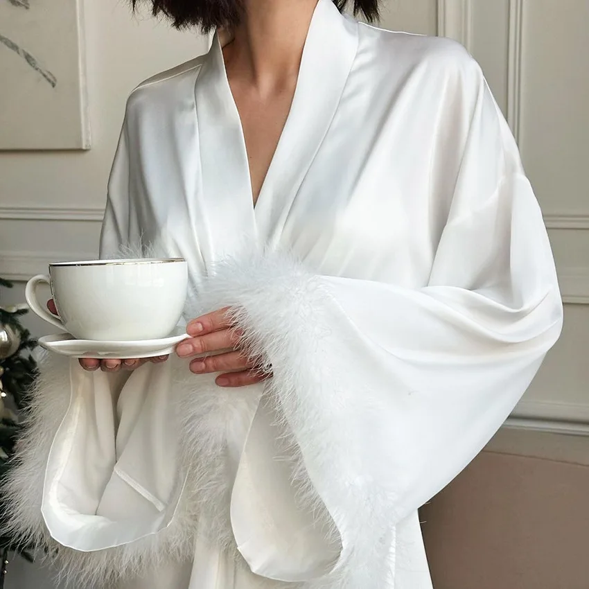 Women\'s Feather Sleeve Long Bathrobe Solid Satin Loose Ladies Dressing Gown V Neck Nightwear Silk Like Kimono for Female 2024