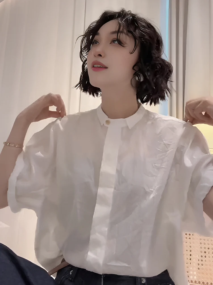 

Элегантная белая женская рубашка с защитой от солнца, свободного кроя, стройнящая, летняя, новая модель, с коротким рукавом, в корейском стиле, для повседневной носки