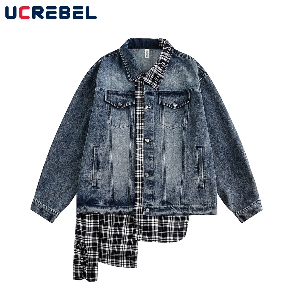 

Plaid Patchwork Denim Jacket Mens High Street Autumn Lapel Single Breasted Long Sleeve Outerwear Jeans Jacket