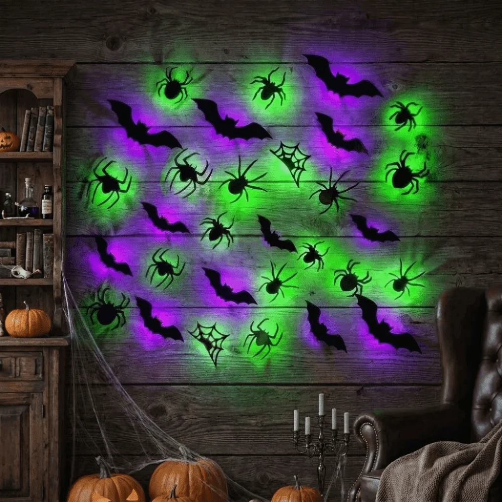 3D Bat LED Glow Wall Stickers Purple Green Lights Waterproof Halloween Spider Atmosphere Lamp Lighted Stickers Glow in The Dark view 5