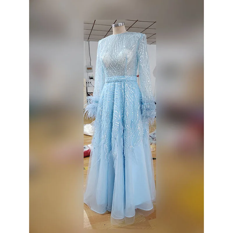 Exquisitos vestidos de baile de graduación con lentejuelas brillantes, cuello redondo, mangas largas, vestido de noche de fiesta de cóctel con plumas, vestidos de celebridades