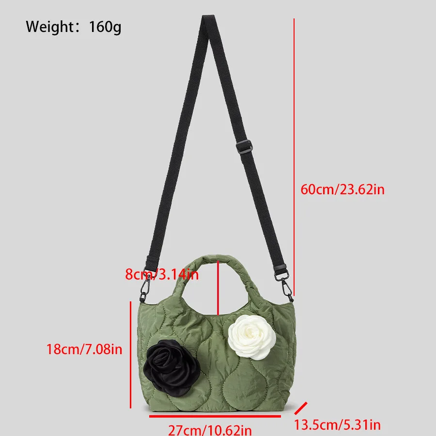 Elegant Camellia Flower Small Tote Bag Quiled Padded Women Handbags Casaul Nylon Soft Puffer Shoulder Crossbody Bags 2025 Winter