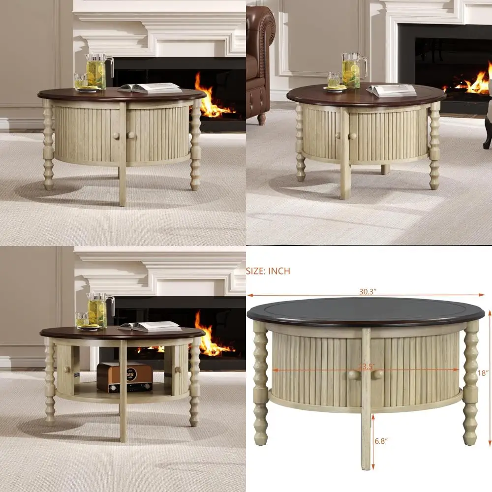

Vintage Round Coffee Table with Storage in 30.3 for Living Room, Mid Century Modern Cocktail Table with Sliding Door, Slatted De