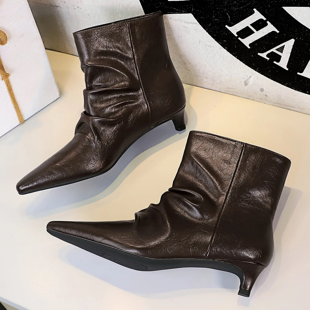 BIGTREE 2026 New Winter Soft Leather Boots Pleated Pointed Toe Women Ankle Boots Low Heel Party Ladies Shoes Retro Short Boots