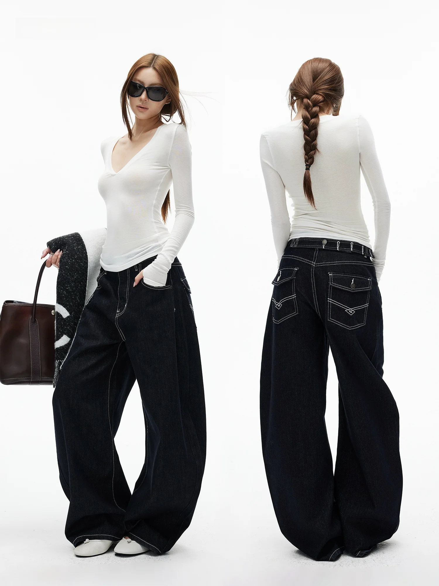 

Оригинальные джинсы из чесаного хлопка премиум-класса с контрастной строчкой, свободные джинсы с силуэтом, женские повседневные джинсы с высокой талией на молнии...