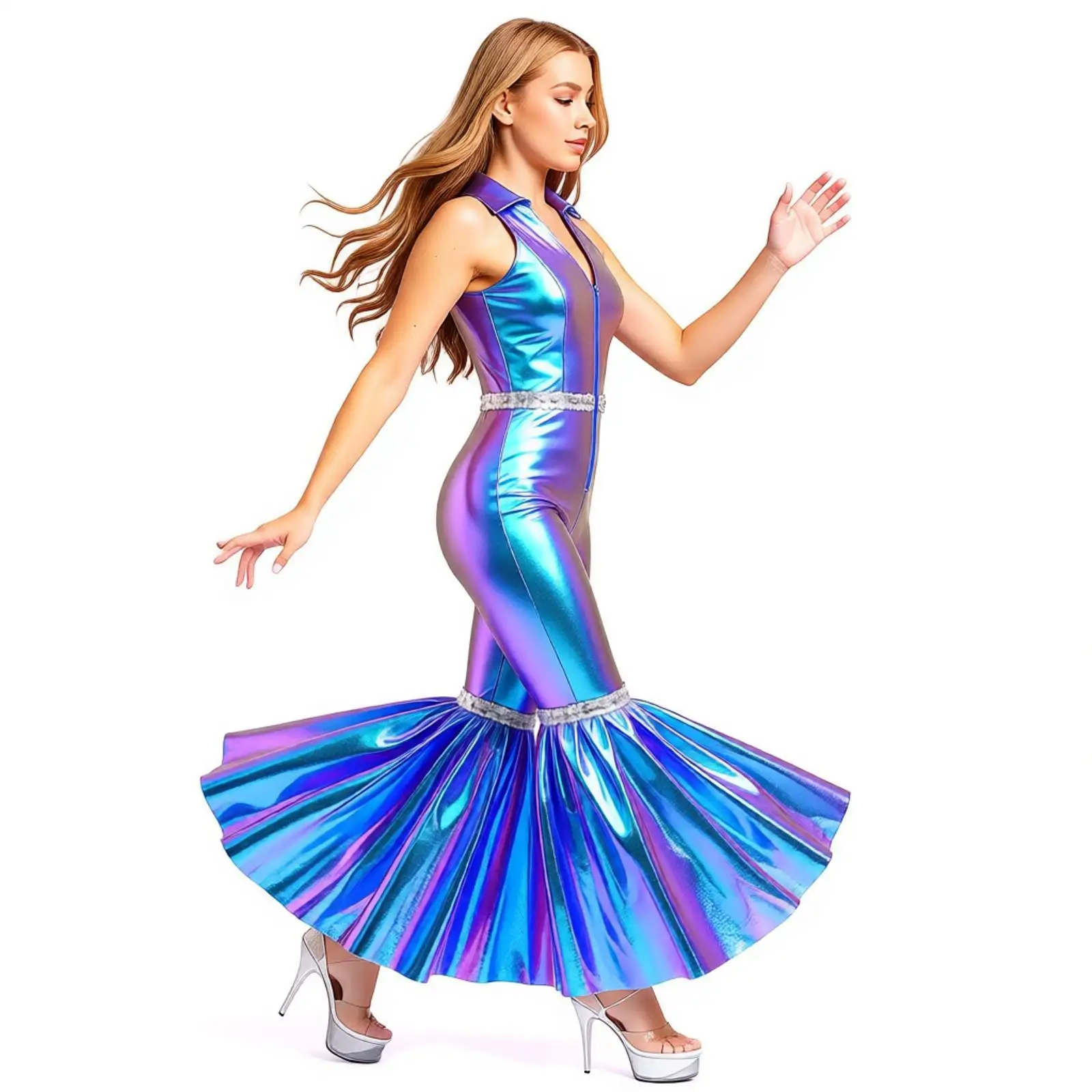 Women Shiny Jazz Tango Party 70s 80s Disco Dance Performance Rompers Sleeveless Flared Pant Retro Party Jazz Dance Bodysuits
