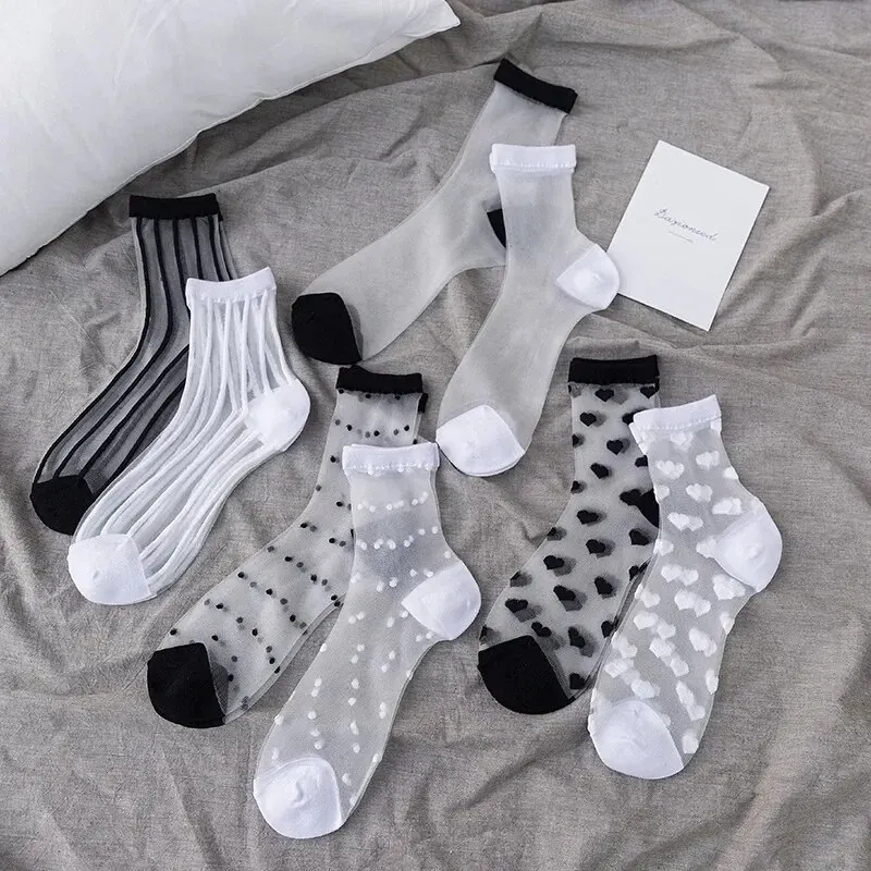 4pairs Transparent Glass Silk Stockings Children Socks Retro Polka-dot Love Vertical Bar Spring and Summer Thin Card Silk Japane