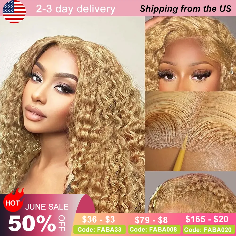 

32 Inch Glueless Honey Blonde Curly Human Hair Wig 13x4 HD Lace Front Wig #27 Deep Wave Human Hair with Baby Hair 180% Density