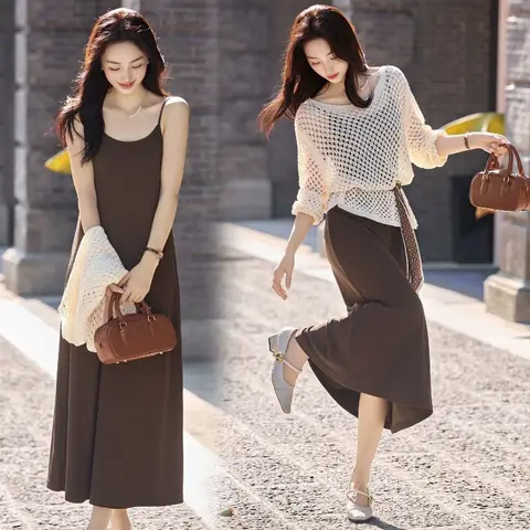 Spring Summer Women Fashion Tops Sling Dress 2 Piece Set Korean Lady Graceful Hollow Out Pullover Camisole Dresses Outfits 2026