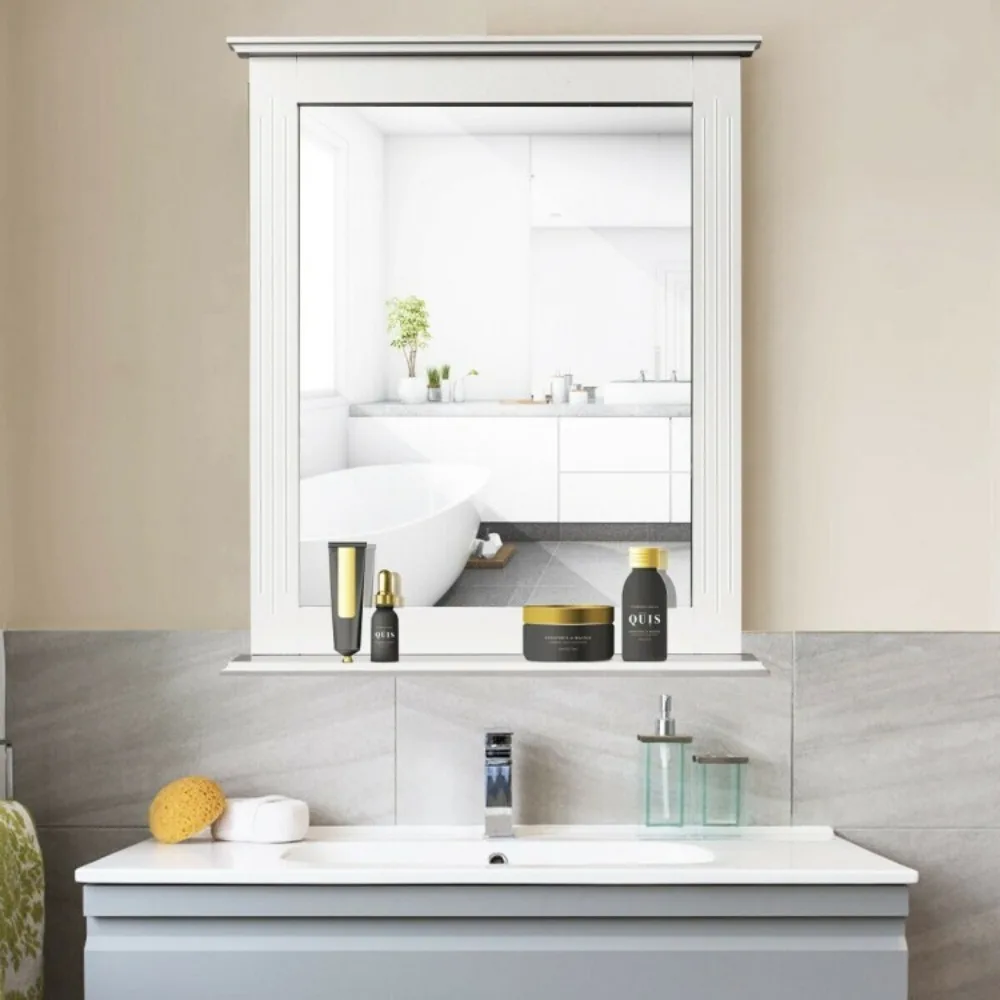 

Bathroom Wall-Mounted Mirror Shelf Vanity Makeup Mirror Decor Multipurpose White