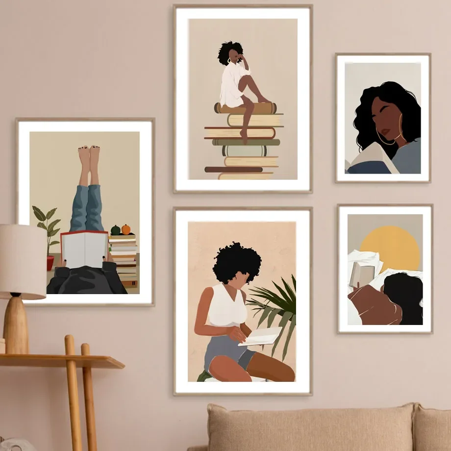 

Black Woman Reading Book Girl Boho Canvas Wall Art - Education & Study Theme Living Room Decor Poster Print