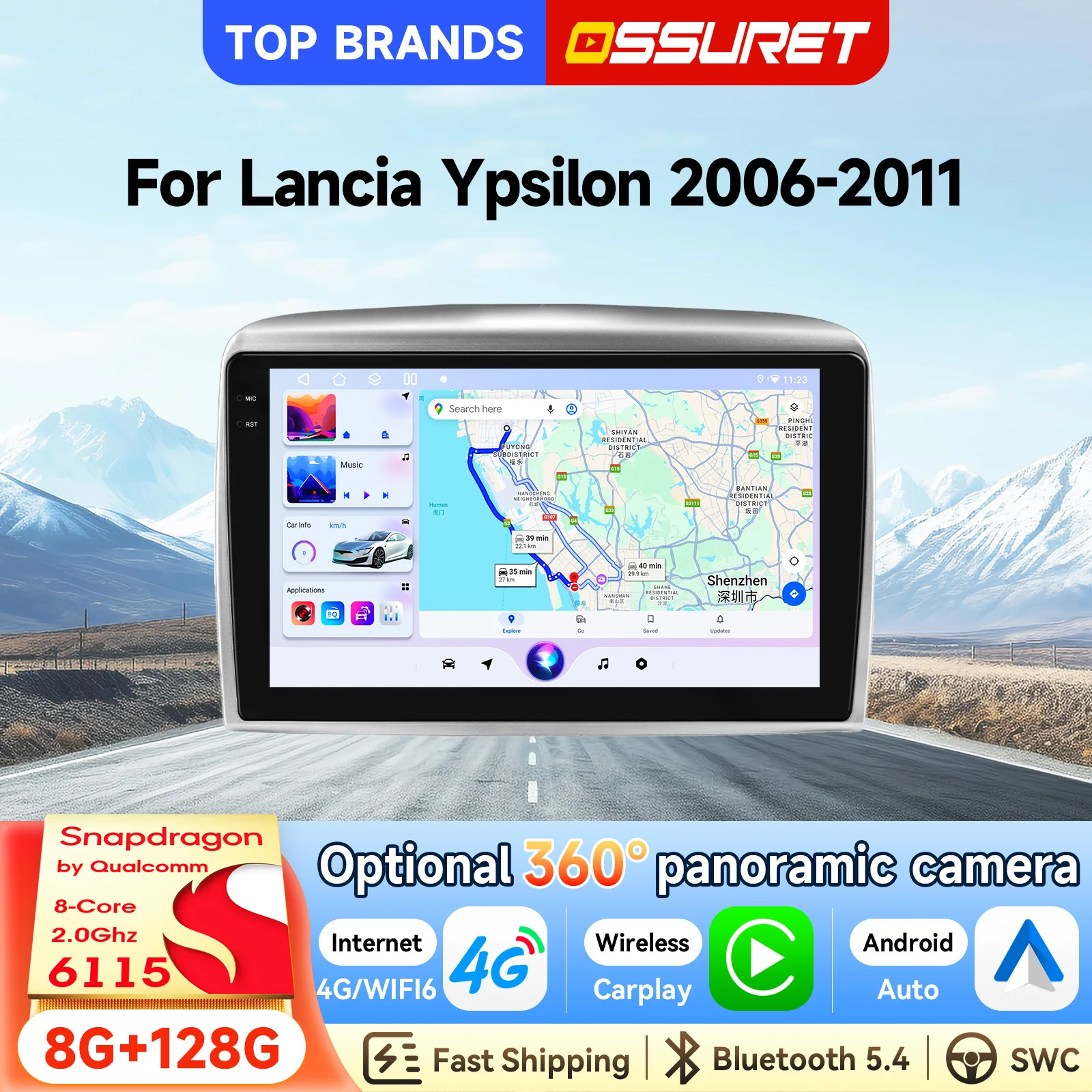 OSSURET Bestseller Android 14 Autoradio 9 Zoll 2 Din Autoradio für Lancia Ypsilon 2006-2011 GPS-Navigation Radio Offline-Karte DSP Audio 8-Kern KI-Sprachsteuerung Split-Screen Wireless CarPlay Android