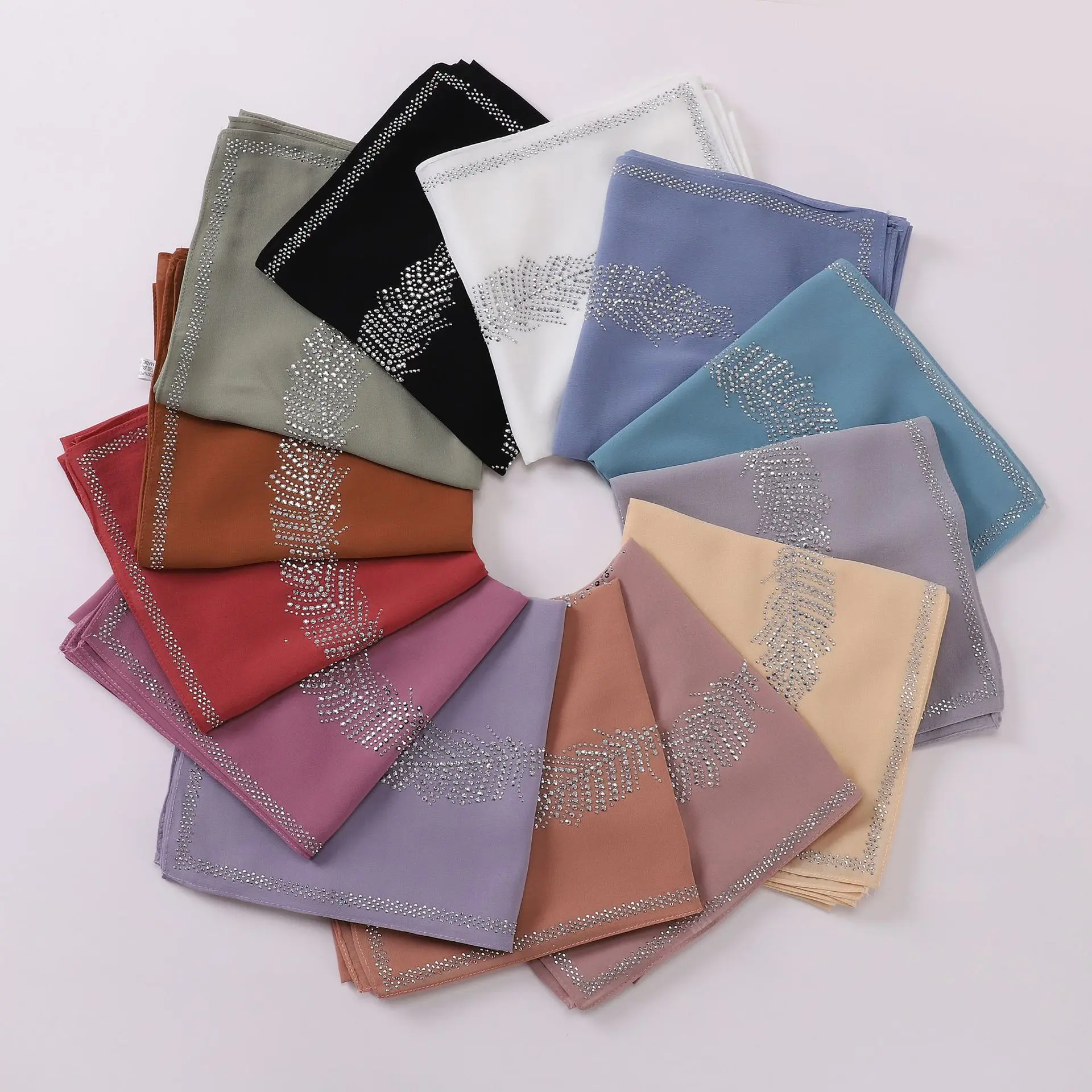 New Pearl Chiffon Feather Hot Diamond Square Scarf Muslim Scarf 90 × 90cm High-quality Headscarf  Islamic Clothing