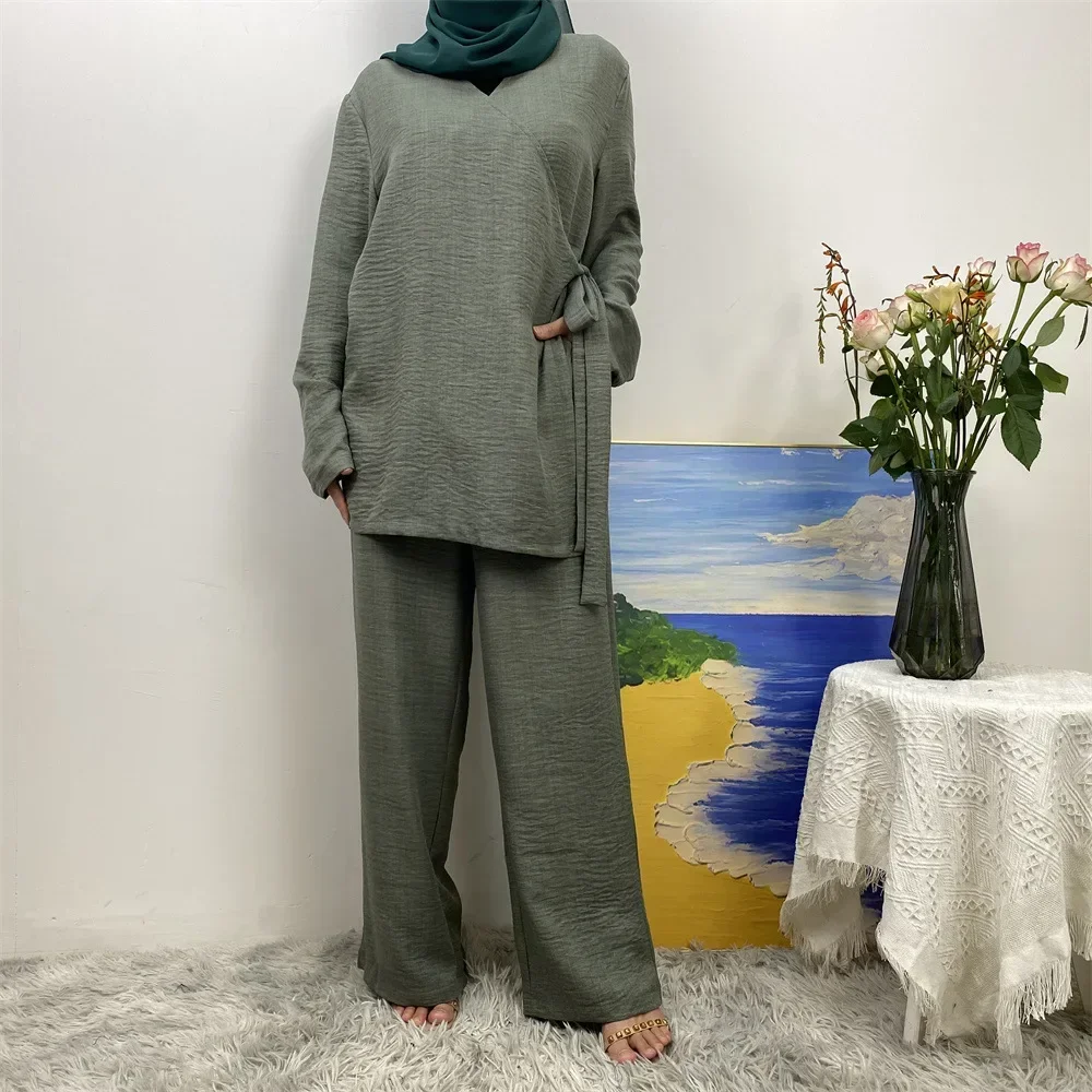 2-teiliges Set für Damen, muslimische Bluse, Schnürung, weites Bein, Hosenanzug, Eid Ramadan, Abaya, Marokko, Dubai, Islam, Ensemble, arabische bescheidene Outfits