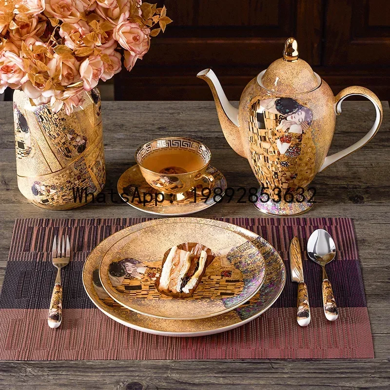 b20Gustav Klimt Bone China Coffee Set Luxury British Porcelain Tea Cup Set Ceramic Teapot Creamer Sugar Bowl Milk Jug Coffeewar