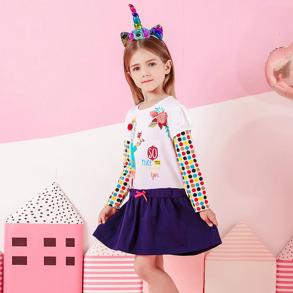 VIKITA Girls Cotton Dress Kids Long Sleeve Autumn Spring Cartoon Print Patchwork Dresses Girls Casual School Daily Cute Dress