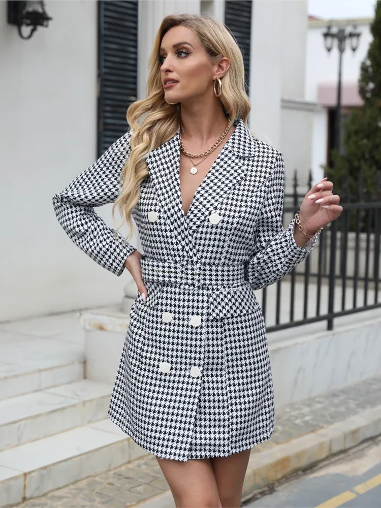 Abito a maniche lunghe scozzese stampato alla moda Autunno Inverno da donna Nuova vita slim fit con doppio petto Abito da ufficio corto da donna