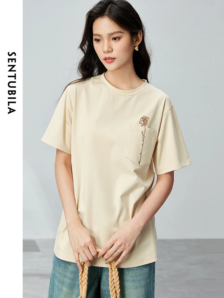 SENTUBILA Round Neck Summer T-shirt Women 2024 Loose Fashion Rose Embroidery Pattern Short Sleeve Knitted Tops Woman W42T54983