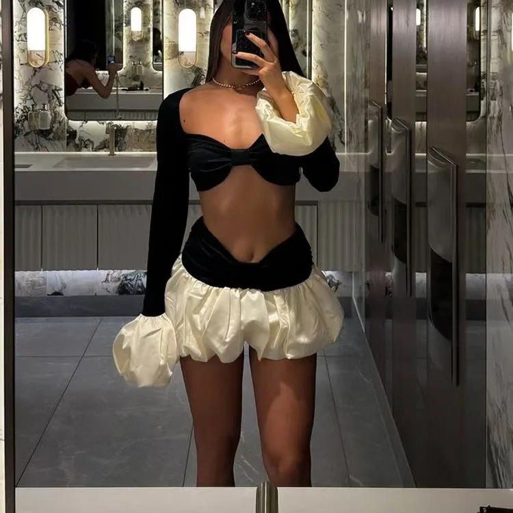 Sexy Crop Top Flared Sve High Waist Puffy Skirt Set Color Blo Faion Women's Autumn Long Sve Slim Fit Outfit