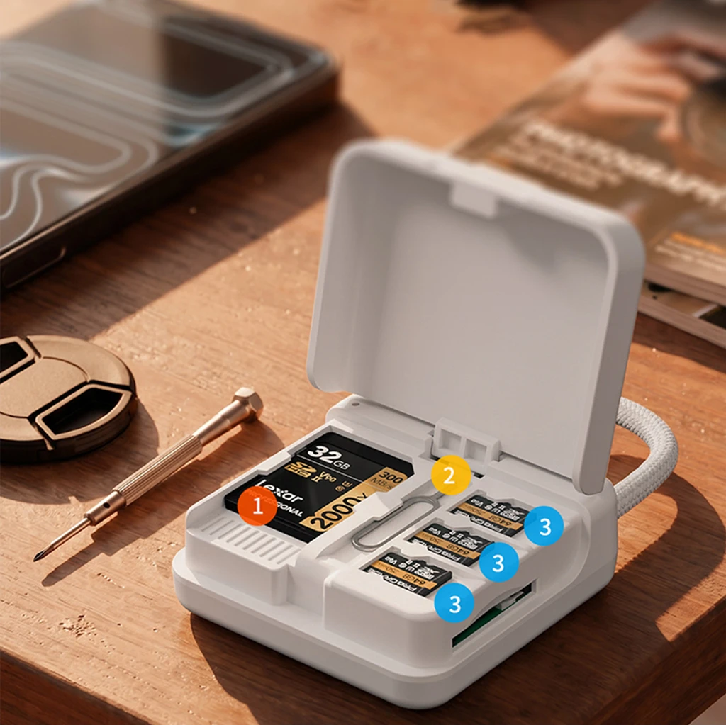 Tragbare Aufbewahrungsbox für Kartenlesegeräte, ideal für Fotografen auf Reisen und bei Außenaufnahmen, mit Schnellladeanschluss Typ C, passend für SD- und TF-Karten sowie SIM-Kartenhalter. – Detail 2