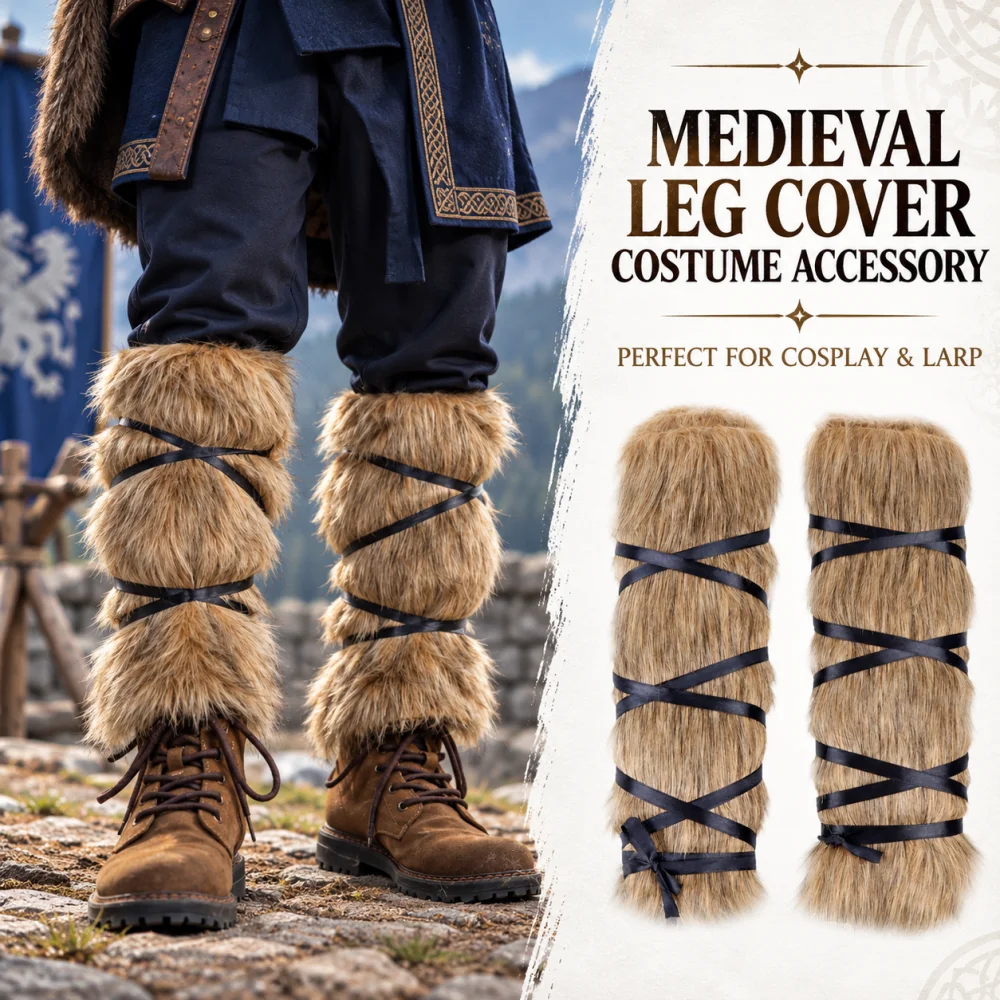 Halloween Cosplay Furry Leg Wraps, Retro Viking Faux Fur Leg Guards Renaissance Costume Prop