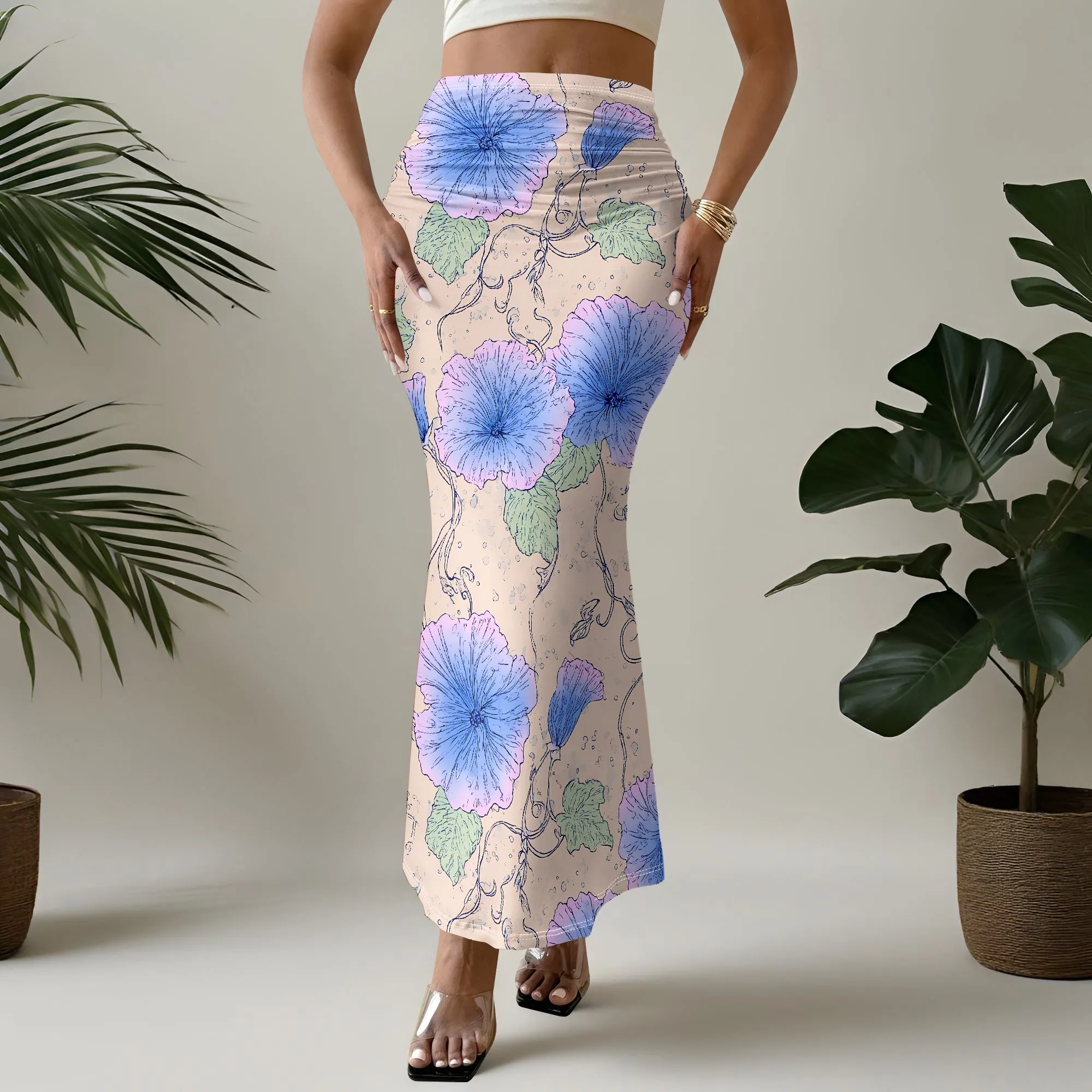 Floral Mermaid Skirt, Blue Morning Glory Print, High Waist Bodycon Midi, Boho Beach Summer Fashion, S-2XL