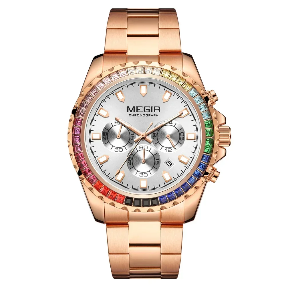 MEGIR Rose gold Luxury Rhinestone Quartz Chronograph Watch Mens Stainless Steel Luminous Male Sports Analog Wristwatch 24-hour