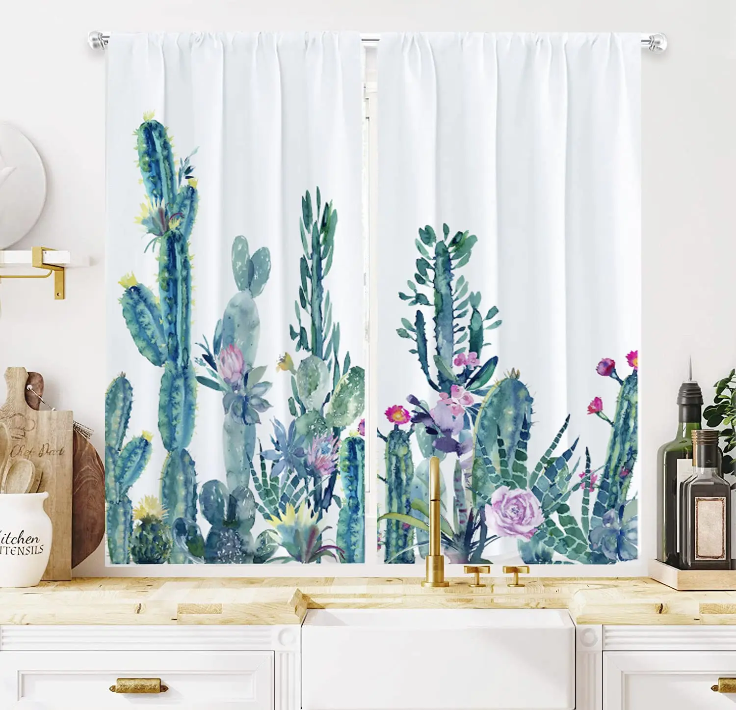 2Pcs Cactus Floral Curtains Romantic Natural Vegetation Short Cafe Window Drapes for Kitchen Bathroom Home Decor