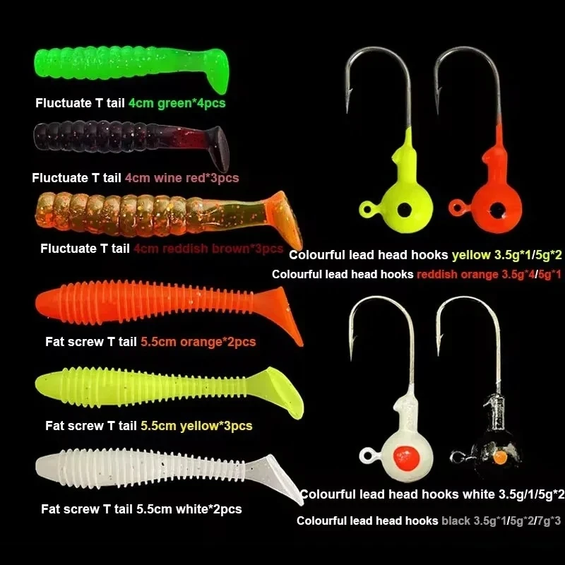 Lure Bait Set Fat Screw T Tail Wave T Tail Colored Lead Head Hook 34 Pieces Soft Bait Set image 5