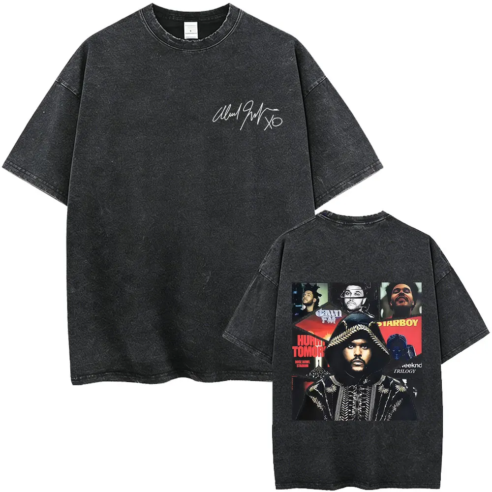 Rapper The Weeknd Album Cover Washed Vintage T-shirt Men Women Hip Hop Rap Pop Music Short Sleeve T Shirts Harajuku Streetwear