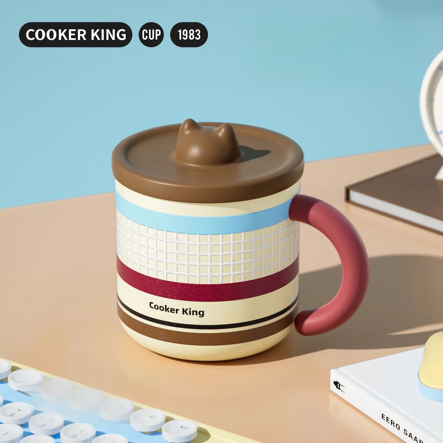 COOKER KING 450ml 316 Edelstahl Vakuum-Isolierter Kaffee-Milch-Becher Niedliches Katzendesign Verbrühungssicherer Griff Skalenmarkierung Weite Öffnung, Heiß & Kalt