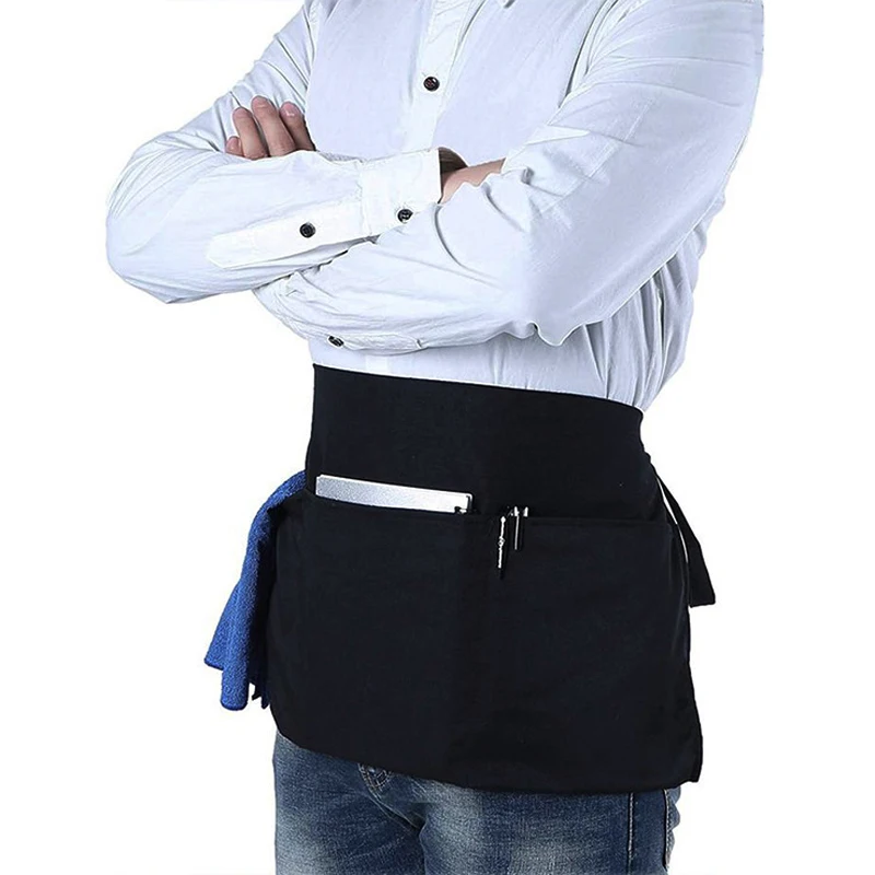 Waiter's Half-Length Work Apron - Black Cafe Kitchen Apron With Pockets For Baristas & Chefs 