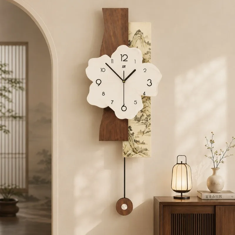 Modern Wall Clocks Cloud-shaped Pendulum Panel Wood Grain Texture Wall Clocks Elegance Medieval Living Room Home Decoration