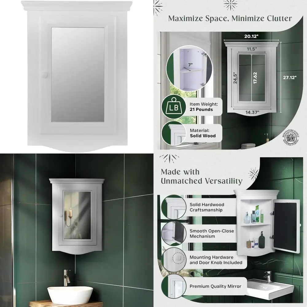 

White Wooden Corner Wall-Mounted Medicine Cabinet with Mirror for Bathroom Storage, 27 x 20