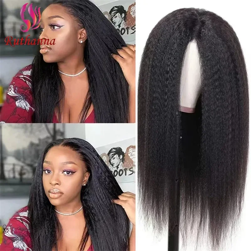 Afro fashion Yaki straight synthetic long straight wig for women 26 inch middle part natural black heat resistant fiber wig