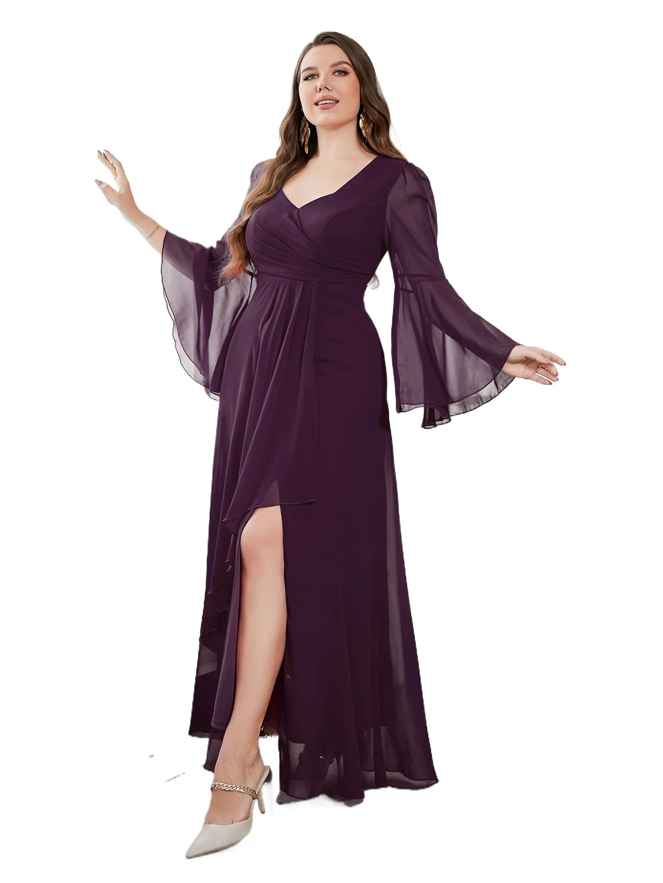 

Simple Elegant V-neck Ruched High Low Ruffles Chiffon Long Formal Evening Party Plus Size Dress With Long Sleeves