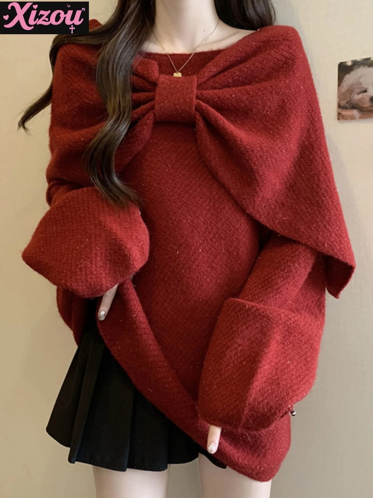 

2025 Autumn and Winter Japanese New Sweet Big Bow Sweater Top High-end Knitted Sweater Large Size Women's Two-piece Set Female