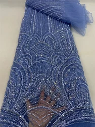 Tessuto di pizzo di Tulle di paillettes blu fatto a mano africano 2024 tessuto di pizzo di perline di lusso francese di alta qualità per abito da sposa da cucire