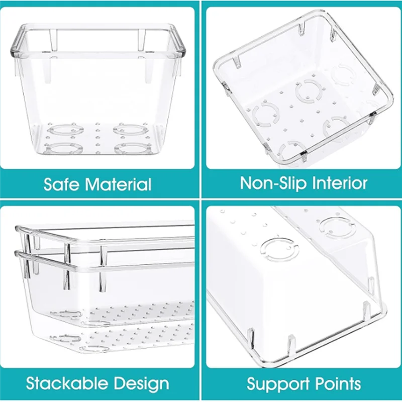 

A96K-Clear Plastic Drawer Storage Box Set, Desk Drawer Storage Tray, For Cosmetics, Jewelry, Kitchen Utensils