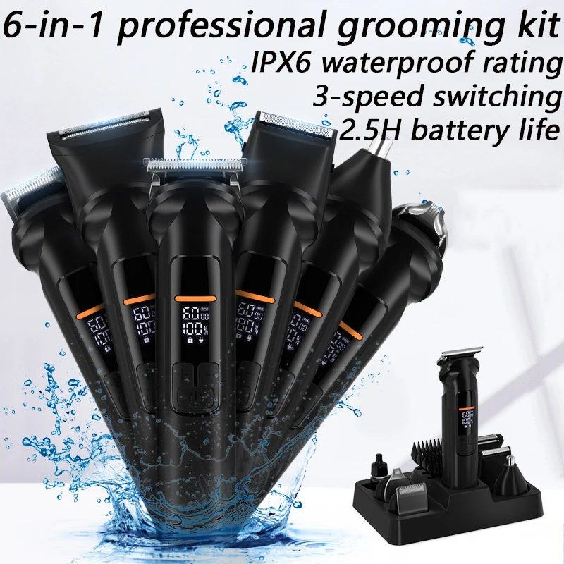 Men's Body Hair Trimmer 6 in 1 IPX6 Waterproof Pubic & Groin Shave Electric Grooming Kit For Men Nose Beard Trimmer USB Charging