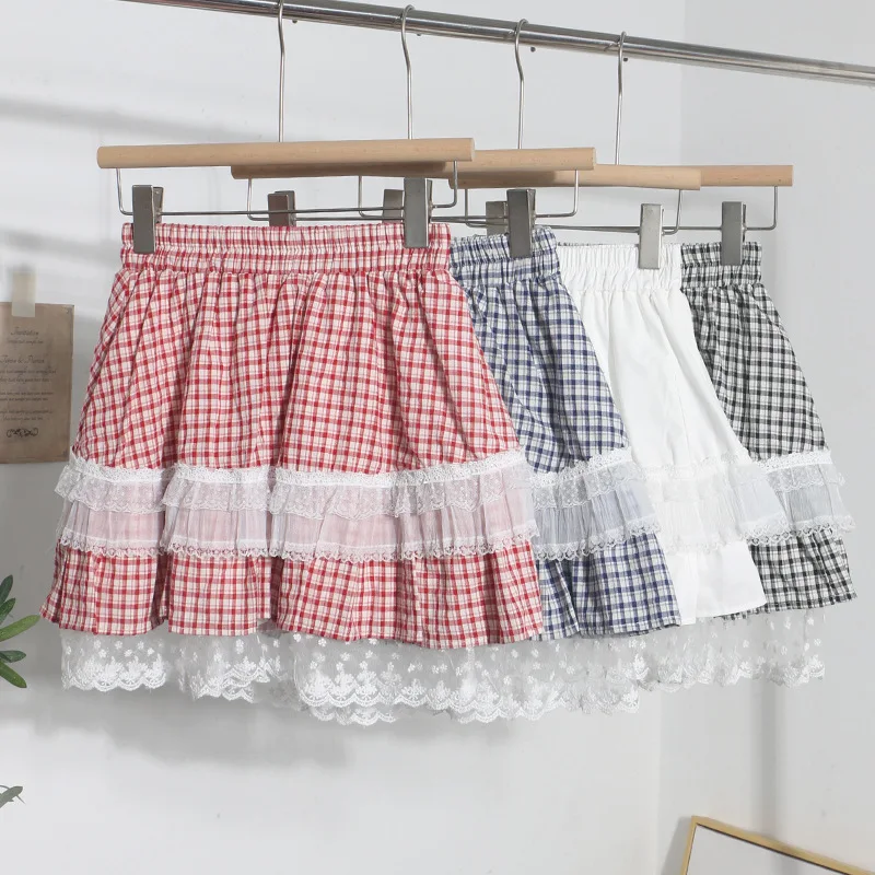 

Retro Plaid Splicing Lace Puffy Skirt Anti-light Cake Skirt for Women