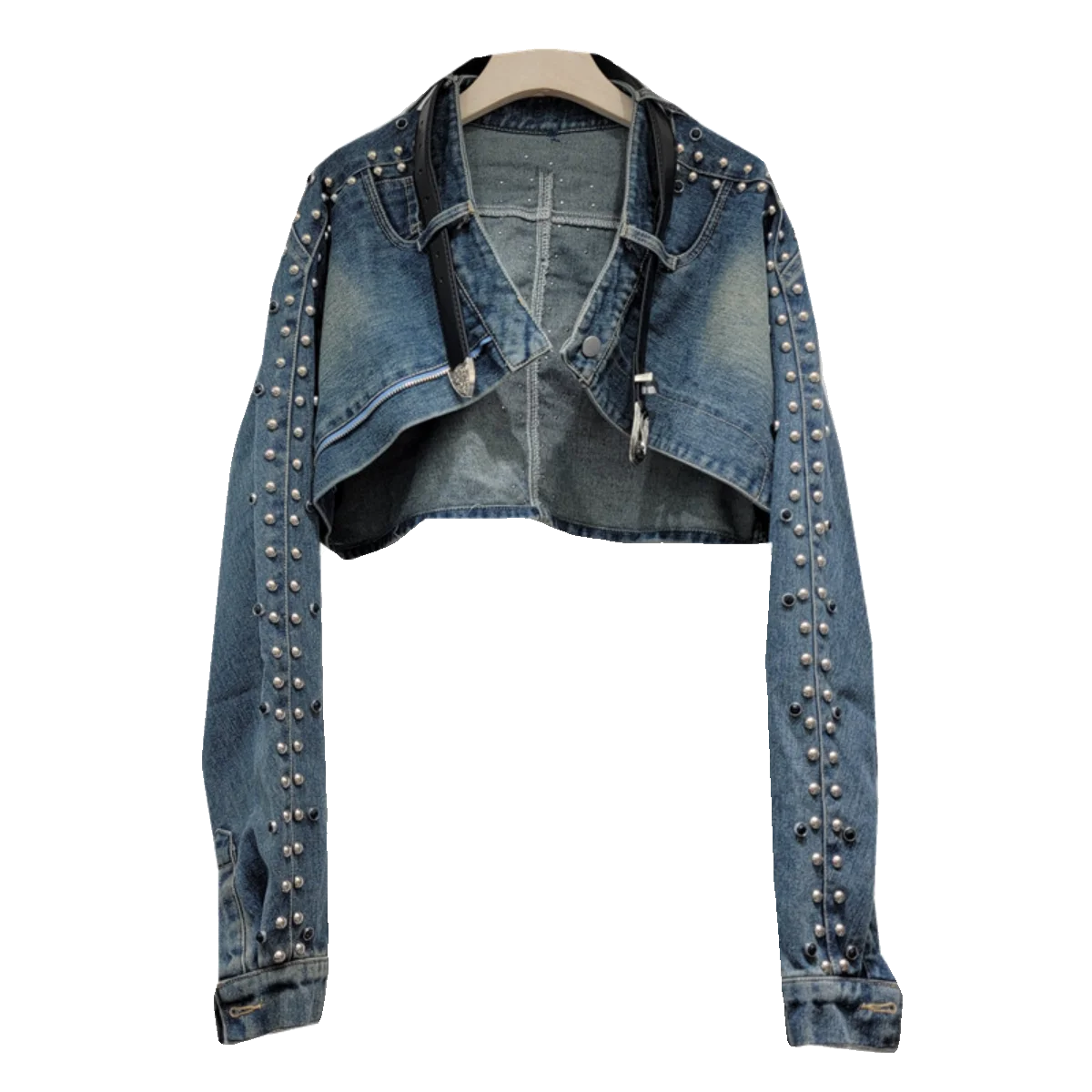 Turn-down Collar Long Sleeve Heavy Industry Bead Sweet Cool Denim Shawl Girl Versatile Short Loose Sexy Street Blouse Jacket