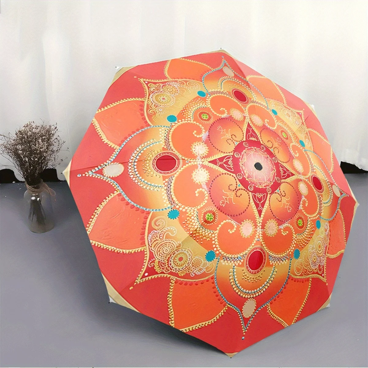 

Automatic Folding Umbrella Mandala-inspired floral design. Portable collapsible design, casual outdoor accessory, for all seas