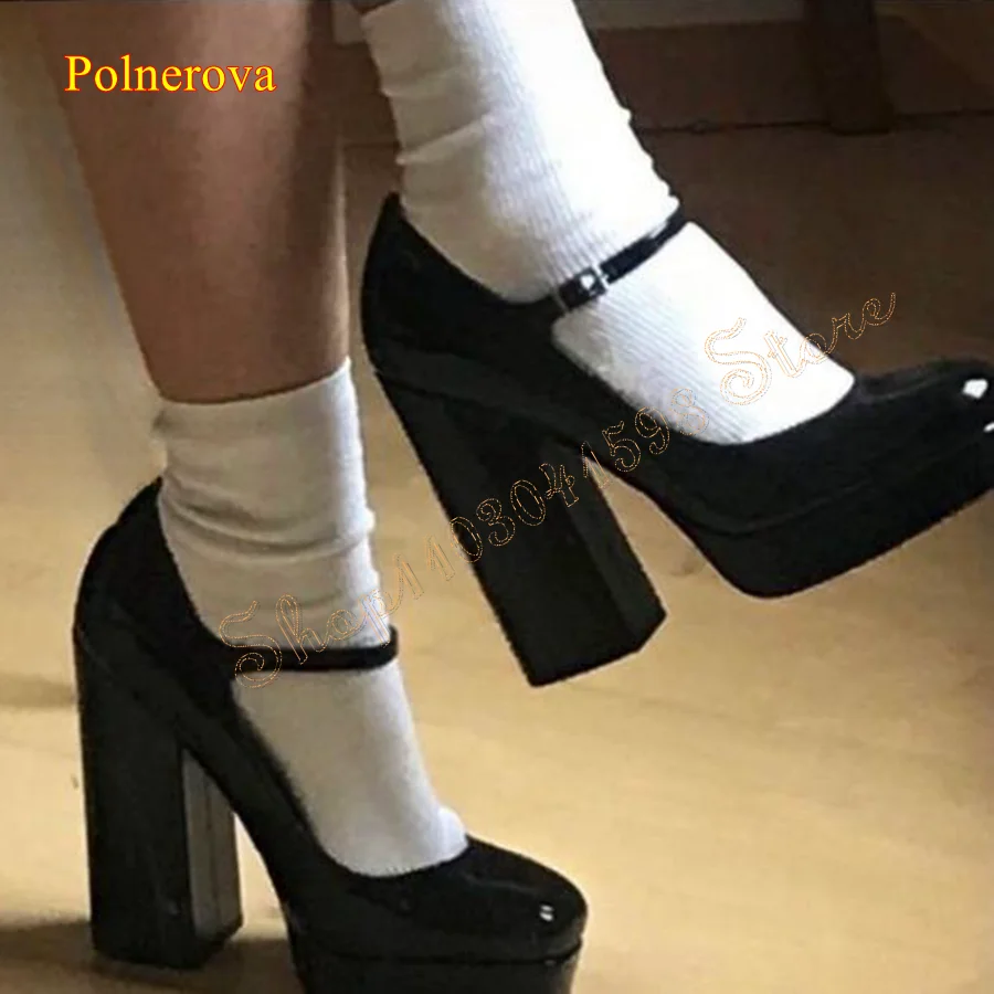 Black Round Toe Patent Leather Pumps Thick Heel Buckle Women Shoes Wedding Party HIgh Heel Shoes 2024 New Zapatos Para Mujere