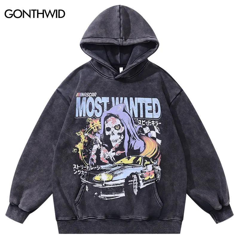 Hip Hop Hoodie Vintage Retro Skull Devil Car Graphic Print Black Hooded Sweatshirt 2023 Men Harajuku Punk Washed Pullover 420GSM