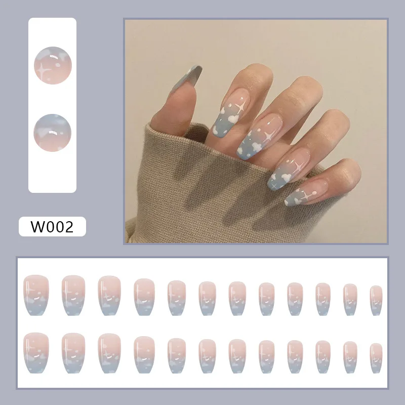 fake nails clouds Blue Sky White Cloud Pattern Design False Nail French Stiletto Full Cover Fake Nails Glue DIY Manicure Nail