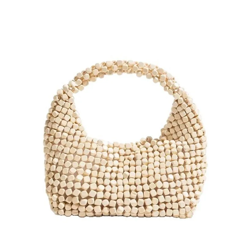 Vintage Niche Bead Woven Women's Bag High-end Wooden Bead Half Moon Bags Ins Design Party Banquet Handbag Factory Wholesale